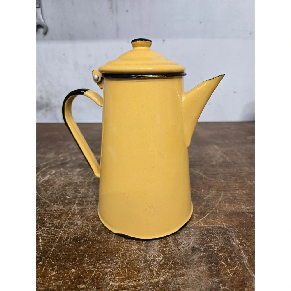 Vintage Huta Silesia Poland Yellow Enamelware Coffee Pot Kettle Black Trim